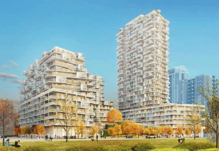 Street Level View of 385 The West Mall Towers and Green Space